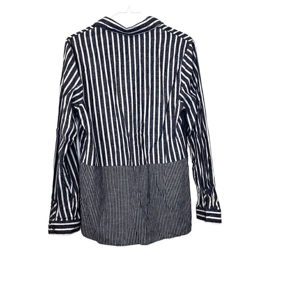 Chloe & Katie Striped Patchwork Linen Blend Button Up Shirt Navy Large